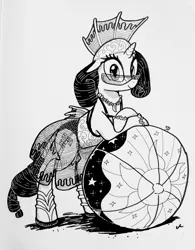 Size: 996x1280 | Tagged: safe, artist:docwario, derpibooru import, rarity, pony, unicorn, beach ball, bikini, black and white, clothes, fin, grayscale, headdress, jewelry, leaning, looking at you, monochrome, necklace, raritober, see-through, see-through skirt, skirt, smiling, solo, sunglasses, swimsuit