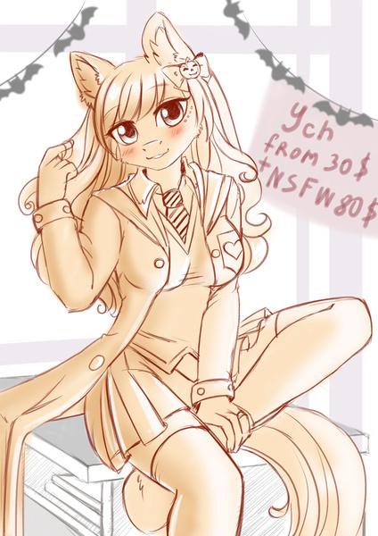 Size: 636x900 | Tagged: anthro, anthro oc, artist:lifejoyart, auction, blushing, blush sticker, bowtie, clothes, commission, derpibooru import, digital art, ear fluff, female, looking at you, mare, oc, safe, school uniform, smiling, solo, unguligrade anthro, unofficial characters only, ych example, your character here