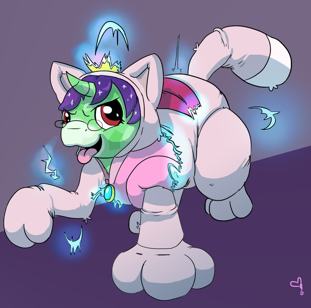 Size: 1636x1621 | Tagged: safe, artist:softballoonpony, derpibooru import, oc, oc:crescent star, unofficial characters only, crystal pony, pony, unicorn, alchemy, bell, cat bell, catsuit, clothes, costume, crossdressing, crystal unicorn, cute, dress, kigurumi, male, naughty, potion, sequence, simple background, sissy, smiling, smug, solo, super crown, transmutation circle