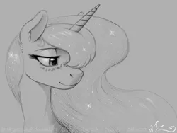 Size: 1200x900 | Tagged: safe, artist:amarynceus, deleted from derpibooru, derpibooru import, princess luna, alicorn, pony, female, freckles, mare, monochrome, simple background, smiling, solo