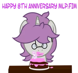 Size: 711x670 | Tagged: artist:darkstorm619, cake, candle, derpibooru import, female, food, glasses, happy anniversary, happy birthday mlp:fim, mlp fim's eighth anniversary, oc, oc:snappy edit, safe, simple background, solo, table, transparent background, unofficial characters only