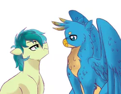 Size: 1024x800 | Tagged: safe, artist:evergreen-gemdust, derpibooru import, gallus, sandbar, earth pony, gryphon, pony, looking at each other, male, rivalry, simple background, white background, wings