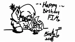 Size: 2367x1332 | Tagged: safe, artist:binkyt11, derpibooru import, derpy hooves, pegasus, pony, :p, birthday candles, black and white, candle, female, fire, food, grayscale, happy birthday mlp:fim, hat, mare, mlp fim's eighth anniversary, monochrome, muffin, party hat, signature, silly, simple background, solo, that pony sure does love muffins, tongue out, traditional art, white background