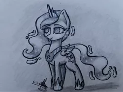 Size: 4128x3096 | Tagged: safe, artist:ironbeastz, derpibooru import, princess luna, pony, chibi, monochrome, solo, traditional art