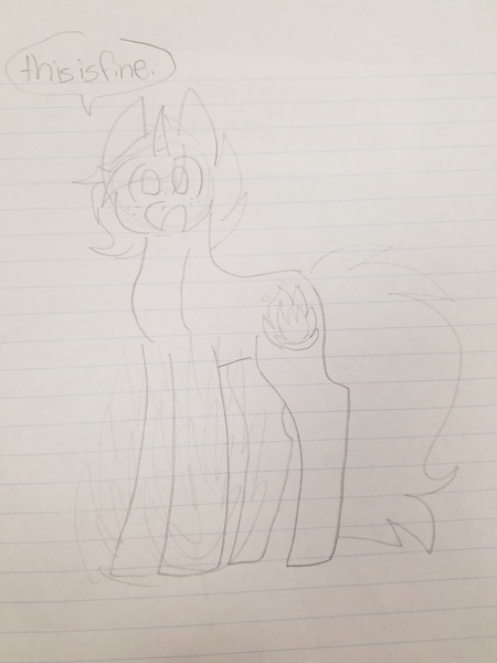 Size: 3024x4032 | Tagged: safe, artist:shoto, derpibooru import, oc, oc:tsuyoshi midoriya, original species, pony, unicorn, fire, lined paper, magical gay spawn, male, monochrome, my hero academia, offspring, offspring from another series, parent:izuku midoriya, parent:katsuki bakugou, parents:bakudeku, ponified oc, quirked pony, solo, stallion, standing, this is fine, traditional art, using quirk