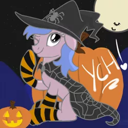 Size: 2100x2100 | Tagged: safe, artist:lannielona, derpibooru import, pony, spider, advertisement, cape, clothes, commission, costume, female, halloween, halloween costume, hat, holiday, jack-o-lantern, mare, nightmare night, one eye closed, pumpkin, sketch, socks, solo, striped socks, wink, witch, witch hat, your character here