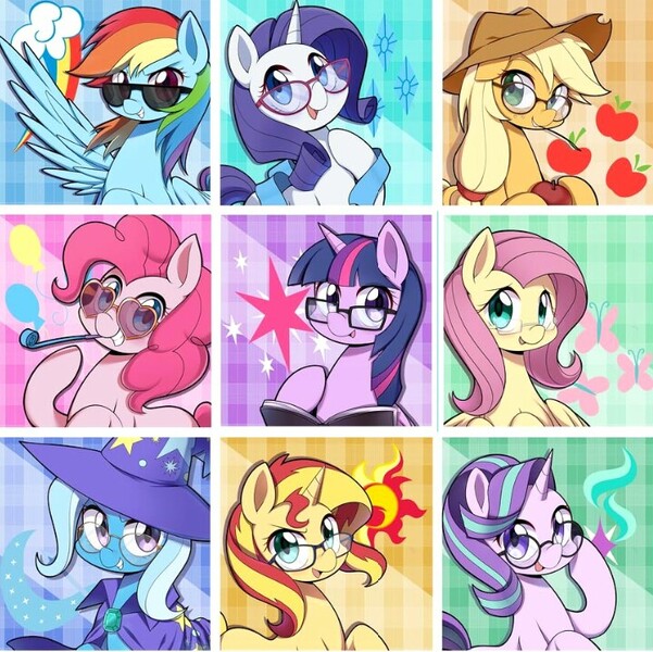 Size: 720x719 | Tagged: safe, artist:caibaoreturn, derpibooru import, applejack, fluttershy, pinkie pie, rainbow dash, rarity, starlight glimmer, sunset shimmer, trixie, twilight sparkle, alicorn, earth pony, pegasus, pony, unicorn, apple, book, cape, china ponycon, clothes, cowboy hat, cute, cutie mark, cutie mark background, dashabetes, diapinkes, diatrixes, female, floppy ears, food, freckles, gem, glasses, glimmerbetes, hair tie, hat, horn, jackabetes, looking at you, magical quartet, magical quintet, magical trio, mane nine, mane six, mare, open mouth, party horn, raised hoof, raribetes, shimmerbetes, shyabetes, smiling, stetson, straw in mouth, sunglasses, trixie's cape, trixie's hat, twiabetes, wings