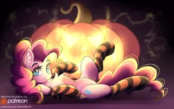 Size: 3888x2423 | Tagged: safe, artist:airiniblock, derpibooru import, part of a set, pinkie pie, earth pony, pony, chest fluff, clothes, featureless crotch, female, halloween, holiday, jack-o-lantern, mare, on back, patreon, patreon logo, pumpkin, rcf community, smiling, socks, solo, stockings, striped socks, thigh highs