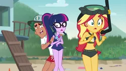 Size: 1280x720 | Tagged: safe, derpibooru import, screencap, sci-twi, sunset shimmer, timber spruce, twilight sparkle, equestria girls, equestria girls series, unsolved selfie mysteries, belly button, bikini, clothes, coward, diving goggles, female, geode of empathy, geode of telekinesis, lifeguard timber, magical geodes, male, midriff, scared, snorkel, swimsuit