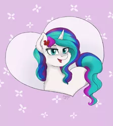 Size: 1233x1384 | Tagged: source needed, safe, artist:haruhi-il, derpibooru import, oc, oc:white violet, pony, unicorn, female, flower, flower in hair, heart, looking at you, mare, smiling, solo