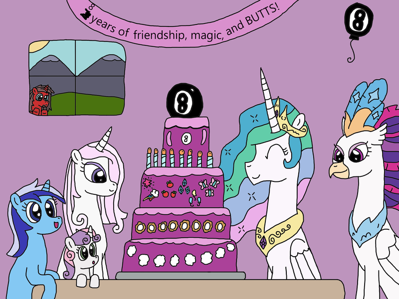 Size: 2048x1536 | Tagged: artist:supahdonarudo, balloon, banner, cake, candle, classical hippogriff, derpibooru import, fleur-de-lis, food, happy birthday mlp:fim, hippogriff, looking out the window, magic 8 ball, minuette, mlp fim's eighth anniversary, my little pony: the movie, oc, oc:ironyoshi, princess celestia, queen novo, safe, sweetie belle, window