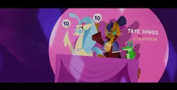 Size: 1360x692 | Tagged: abyssinian, alligator, anthro, capper dapperpaws, classical hippogriff, clothes, coat, derpibooru import, female, gummy, hat, hippogriff, male, mantle, my little pony: the movie, princess skystar, safe, score, screencap, taye diggs, top hat, trio
