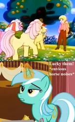 Size: 528x858 | Tagged: safe, derpibooru import, edit, edited screencap, screencap, lyra heartstrings, megan williams, posey, powder, skydancer, earth pony, human, pony, unicorn, escape from catrina, slice of life (episode), apple, apple tree, bell, bow, butt, cropped, decoration, descriptive noise, female, food, g1, horse noises, humie, jealous, magic, magic aura, mare, plot, tail bow, text, that pony sure does love humans, town hall, tree