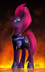 Size: 1563x2500 | Tagged: safe, artist:duskie-06, derpibooru import, tempest shadow, pony, unicorn, my little pony: the movie, armor, broken horn, commission, eye scar, female, fire, horn, looking at you, mare, scar, signature, solo