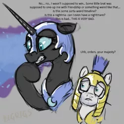 Size: 543x543 | Tagged: alicorn, alternate timeline, armor, artist:bigrigs, cute, derpibooru import, dialogue, gray background, helmet, moonabetes, nervous, nightmare moon, nightmare takeover timeline, royal guard, safe, signature, simple background, text