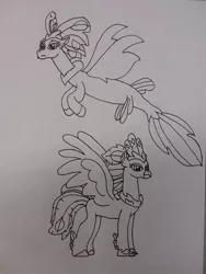 Size: 1536x2048 | Tagged: artist:supahdonarudo, classical hippogriff, derpibooru import, duality, hippogriff, inktober, inktober 2018, monochrome, my little pony: the movie, queen novo, safe, seapony (g4), traditional art