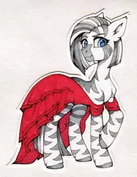 Size: 1011x1300 | Tagged: artist:lispp, clothes, colored, commission, derpibooru import, dress, elegant, female, full body, mare, oc, oc:zelie, red dress, safe, smiling, solo, traditional art, unofficial characters only, zebra, zebra oc