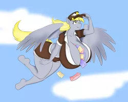 Size: 3000x2400 | Tagged: anthro, artist:marauder6272, artist:pacificside18, between breasts, big breasts, breasts, busty derpy hooves, cleavage, clothes, derpibooru import, derpy hooves, female, flying, hat, huge breasts, impossibly large breasts, letter, mail, mailmare, mailpony, pegasus, shirt, shorts, skirt, solo, solo female, stupid sexy derpy, suggestive, thighs, unguligrade anthro, uniform