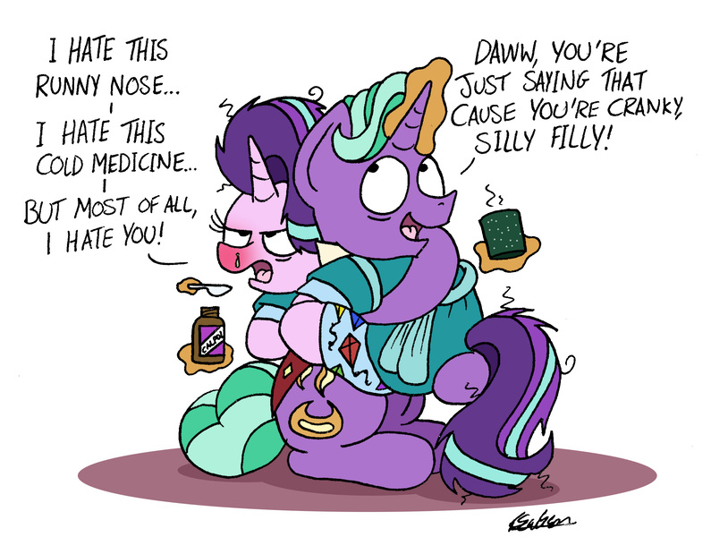 Size: 2186x1650 | Tagged: safe, artist:bobthedalek, derpibooru import, firelight, starlight glimmer, pony, unicorn, bathrobe, caring for the sick, carrying, clothes, duo, empathy cocoa, father and child, father and daughter, fathers gonna father, female, grumpy, male, mare, medicine, messy mane, mug, pajamas, red nosed, robe, shitposting, sick, simple background, spoon, stallion, unamused, white background