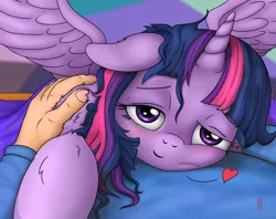 Size: 4960x3925 | Tagged: safe, artist:celsian, derpibooru import, twilight sparkle, twilight sparkle (alicorn), alicorn, human, pony, bed, blushing, clothes, cuddling, cute, female, fluffy, heart, human on pony snuggling, interspecies, lidded eyes, looking at you, male, male pov, mare, messy mane, offscreen character, on back, on bed, on top, pov, smiling, snuggling, spread wings, straight, twiabetes, wings