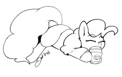 Size: 3000x1896 | Tagged: safe, artist:lildooks, derpibooru import, pinkie pie, pony, coffee, monochrome, prone, solo