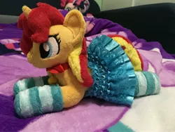 Size: 4032x3024 | Tagged: safe, artist:lanacraft, derpibooru import, sunset shimmer, twilight sparkle, pony, unicorn, bell, blanket, bowtie, clothes, cute, irl, lying, photo, plushie, shimmerbetes, skirt, socks, solo, striped socks