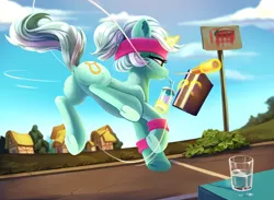 Size: 6188x4534 | Tagged: safe, artist:taneysha, derpibooru import, lyra heartstrings, pony, unicorn, absurd resolution, art trade, basketball hoop, book, dock, drinking, exercise, featureless crotch, female, glass, jump rope, levitation, magic, mare, multitasking, ponyville, solo, sweat, sweatband, telekinesis, underhoof, water