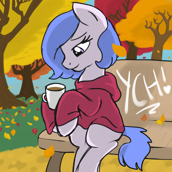 Size: 2100x2100 | Tagged: safe, artist:lannielona, derpibooru import, pony, autumn, bench, chocolate, clothes, coffee, commission, falling leaves, female, food, hoodie, hot chocolate, leaves, mare, morning, sketch, solo, tea, tree, your character here