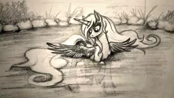 Size: 1024x576 | Tagged: safe, artist:zetamad, derpibooru import, princess luna, pony, lake, solo, spread wings, traditional art, wings