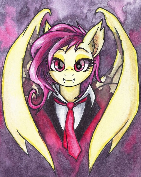 Size: 800x999 | Tagged: safe, artist:astevenamedwolf, derpibooru import, fluttershy, bat pony, pony, alucard, alushy, bat ponified, bat wings, bust, clothes, crossover, fangs, female, flutterbat, hellsing, looking at you, mare, necktie, portrait, race swap, red eyes, solo, suit, traditional art, watercolor painting, wings