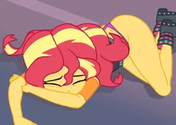 Size: 4960x3507 | Tagged: suggestive, artist:rambon7, derpibooru import, sunset shimmer, equestria girls, equestria girls series, forgotten friendship, boots, bunset shimmer, butt, clothes, jacket, panties, partial nudity, shirt, shoes, stupid sexy sunset shimmer, thong, underwear
