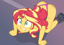 Size: 4960x3507 | Tagged: suggestive, artist:rambon7, derpibooru import, edit, edited screencap, screencap, sunset shimmer, equestria girls, equestria girls series, forgotten friendship, all fours, ass, boots, bottomless, bunset shimmer, butt, clothes, female, jacket, panties, partial nudity, shocked, shoes, solo, solo female, thong, underwear