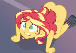 Size: 4960x3507 | Tagged: suggestive, artist:rambon7, derpibooru import, edit, edited screencap, screencap, sunset shimmer, equestria girls, equestria girls series, forgotten friendship, all fours, ass, boots, bottomless, bunset shimmer, butt, clothes, crawling, female, jacket, lip bite, nude edit, nudity, partial nudity, partial nudity edit, shocked, shoes, show accurate, show accurate porn, solo, solo female