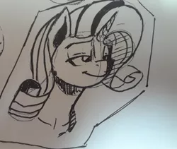 Size: 1280x1078 | Tagged: safe, artist:post-it, derpibooru import, rarity, pony, unicorn, bust, female, ink drawing, inktober, lidded eyes, mare, monochrome, simple background, sketch, smiling, solo, traditional art, white background