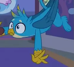 Size: 561x505 | Tagged: safe, derpibooru import, screencap, gallus, silverstream, gryphon, school raze, claws, cropped, falling, male, offscreen character, paws, shocked, tail, wings
