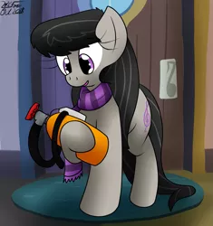 Size: 1311x1394 | Tagged: safe, artist:the-furry-railfan, derpibooru import, octavia melody, earth pony, pony, clothes, door, doormat, helium tank, hose, reading, scarf, vinyl and octavia's home