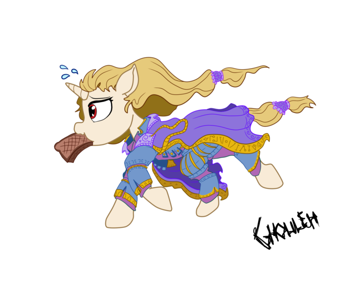 Size: 1500x1300 | Tagged: safe, artist:ghouleh, derpibooru import, oc, oc:regal inkwell, unofficial characters only, pony, unicorn, bread, clothes, food, late, male, robe, running, school uniform, schoolgirl toast, simple background, solo, sweat, tail wrap, teenager, toast, transparent background, uniform