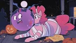 Size: 1280x720 | Tagged: safe, artist:secretgoombaman12345, derpibooru import, pinkie pie, twilight sparkle, earth pony, pony, blowing bubbles, bubblegum, candy, chubbie pie, chubby, clothes, costume, duo, fat, female, fetish, food, food transformation, gum, halloween, holiday, imminent popping, inflation, jack-o-lantern, mummy, mummy costume, nightmare night, nightmare night costume, pudgy pie, pumpkin, transformation, twident gum
