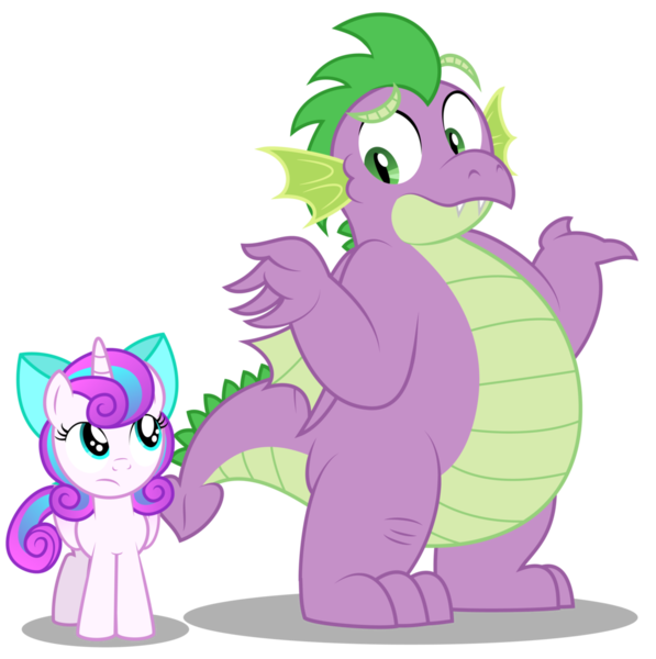 Size: 1024x1030 | Tagged: adult, adult spike, artist:aleximusprime, bewildered, clueless, confused, derpibooru import, dragon, fat spike, filly, filly flurry heart, i dunno lol, male and female, older, older flurry heart, older spike, princess flurry heart, safe, shrug, shrugging, simple background, spike, transparent background, vector, winged spike