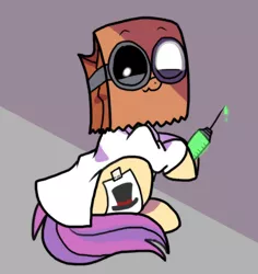 Size: 680x720 | Tagged: safe, artist:paperbagpony, derpibooru import, oc, oc:paper bag, pony, clothes, costume, dr. flug, goggles, halloween, halloween costume, needle, paper bag, syringe, villainous