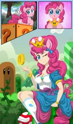 Size: 3300x5600 | Tagged: artist:template93, ? block, bush, clothes, cloud, coin, comic, crossover, derpibooru import, eared humanization, flowy mane, human, humanized, mario, meme, mountain, new super mario bros. u deluxe, one eye closed, pinkie pie, pipe, piranha plant, pony ears, princess pinkie pie, question mark block, safe, smiling, socks, super crown, super mario bros., tailed humanization, transformation, tree, vine, wink
