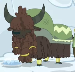 Size: 361x345 | Tagged: background yak, braided beard, cloven hooves, cropped, derpibooru import, frown, hair over eyes, not asking for trouble, safe, screencap, snow cake, solo, yak