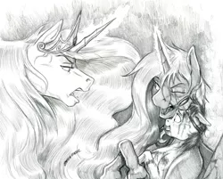 Size: 1400x1125 | Tagged: safe, artist:baron engel, derpibooru import, princess celestia, princess luna, oc, oc:phoenix, alicorn, pony, unicorn, dreamscape, female, goggles, grayscale, mare, monochrome, pencil drawing, story in the source, story included, traditional art