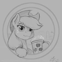 Size: 900x900 | Tagged: safe, artist:amarynceus, deleted from derpibooru, derpibooru import, applejack, pony, cider, cowboy hat, female, freckles, hat, hoof hold, monochrome, pencil drawing, solo, stetson, tankard, traditional art