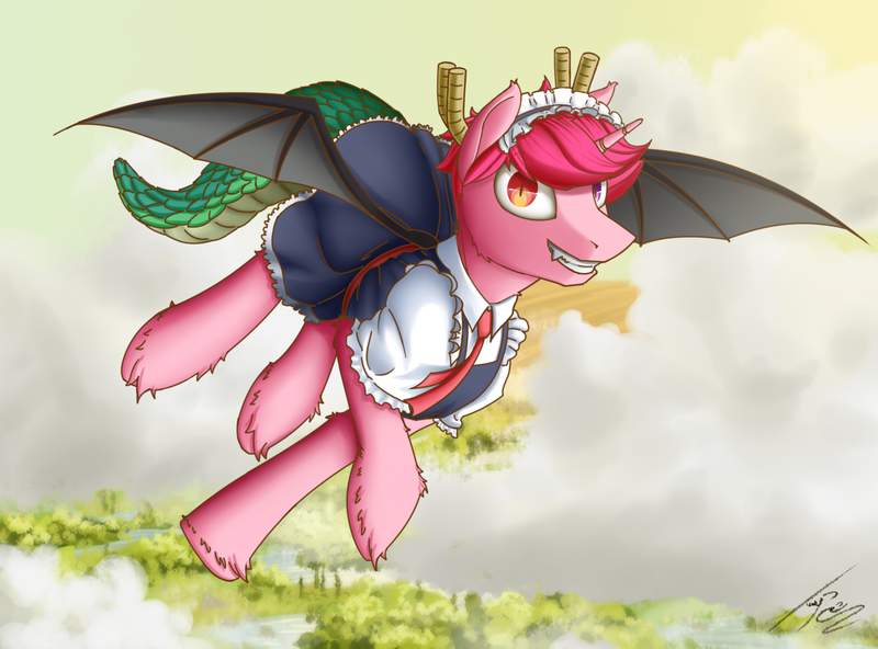 Size: 1518x1124 | Tagged: safe, artist:uliovka, derpibooru import, oc, oc:basura, unofficial characters only, alicorn, dracony, dragon, hybrid, pony, unicorn, alicorn oc, clothes, crossdressing, headdress, horn, maid, male, miss kobayashi's dragon maid, solo, stallion, tail, wings