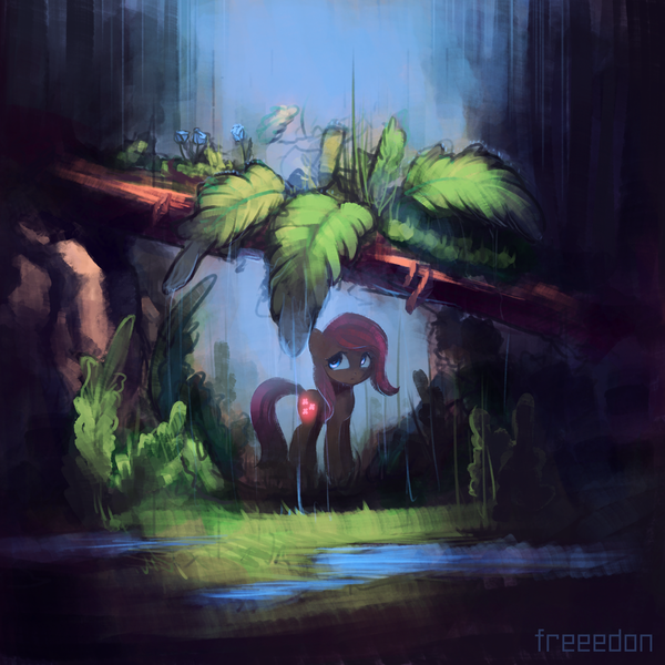 Size: 2000x2000 | Tagged: safe, artist:freeedon, derpibooru import, fluttershy, pony, female, flower, grass, leaf umbrella, log, looking away, looking up, mare, rain, solo, standing, water