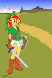 Size: 2000x3000 | Tagged: suggestive, artist:thunderdasher07, derpibooru import, sunset shimmer, fairy, equestria girls, belt, blushing, boots, breasts, clothes, crossover, diaper, diaper fetish, fetish, fingerless gloves, gloves, hyrule castle, hyrule field, link, looking down, master sword, moat, navi, road, shield, shoes, the legend of zelda, the legend of zelda: ocarina of time, tunic, volcano