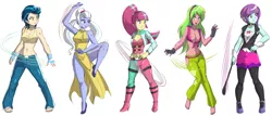 Size: 4750x2029 | Tagged: safe, artist:danmakuman, derpibooru import, edit, indigo zap, lemon zest, sour sweet, sugarcoat, sunny flare, equestria girls, armpits, barefoot, belly button, breasts, busty indigo zap, busty lemon zest, busty shadow five, busty sour sweet, busty sugarcoat, busty sunny flare, cheongsam, cleavage, clothes, commission, dress, eyeshadow, feet, female, fingerless gloves, flats, front knot midriff, gloves, hand on hip, high heels, looking at you, makeup, martial arts, midriff, non-shipping, open mouth, pants, raised eyebrow, raised leg, sexy, shadow five, shoes, side slit, sideboob, simple background, sleeveless, smiling, socks, sports bra, stupid sexy lemon zest, thigh highs, whip, white background