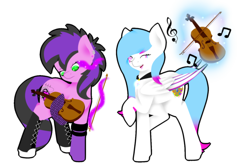 Size: 1024x683 | Tagged: safe, artist:absolitedisaster08, derpibooru import, oc, oc:heart light, oc:light heartless, unofficial characters only, earth pony, pegasus, pony, female, fishnets, magic, mare, musical instrument, raised hoof, simple background, sombra eyes, telekinesis, transparent background, violin