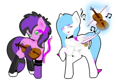 Size: 1024x683 | Tagged: safe, artist:absolitedisaster08, derpibooru import, oc, oc:heart light, oc:light heartless, unofficial characters only, earth pony, pegasus, pony, female, fishnets, magic, mare, musical instrument, raised hoof, simple background, sombra eyes, telekinesis, transparent background, violin